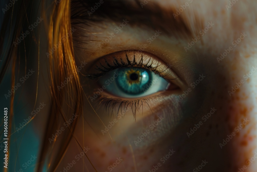Poster Close-up view of a human eye with distinctive freckles, suitable for use in illustrations or design projects where facial features are important
