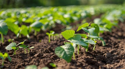 Obraz premium Close-up of vibrant green bean sprouts emerging from rich soil, showcasing the early stages of plant growth.