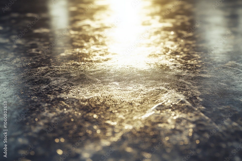 Poster Close-up photo of a wet surface with sunlight shining on it, suitable for use in nature or science-related contexts
