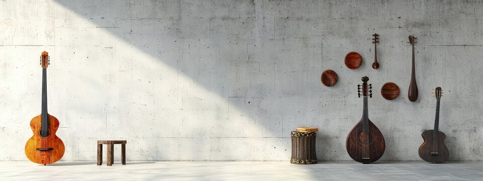 Thai traditional musical instruments like the Khim in a modern urban mural