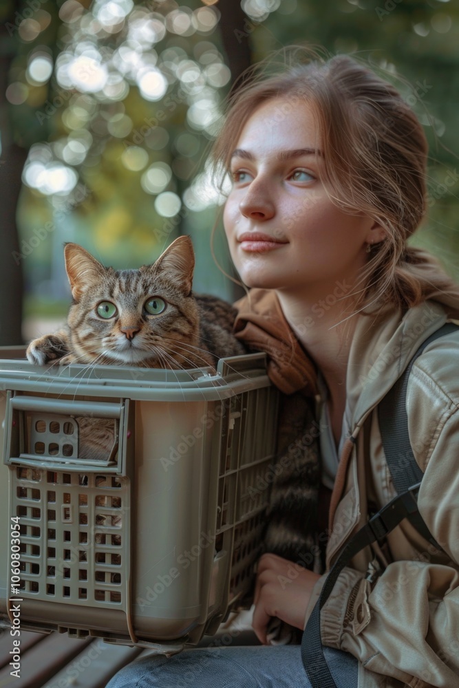 Poster a woman sits on a bench with a cat in a carrier, ready for an outing