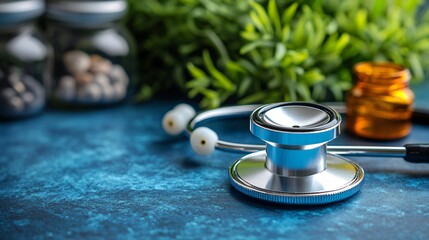 Close up of a Stethoscope on a Blue Background with Pills and Plants