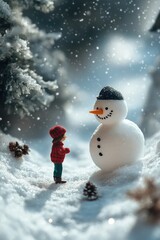 Obraz premium A young child stands beside a snowman in a winter scene