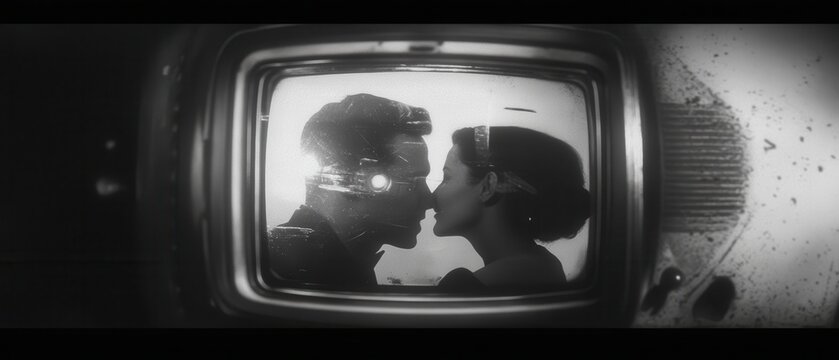 A black-and-white image of a couple about to kiss, framed within an old television screen, evoking nostalgia and intimacy.