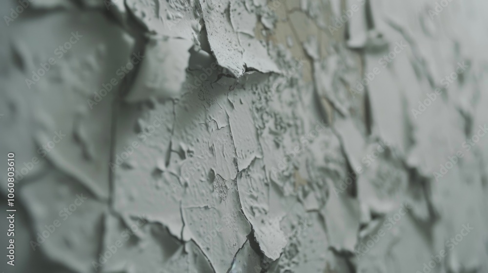 Poster a close-up view of peeling paint on a wall, perfect for representing decay or neglect in various con