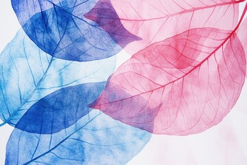 A close-up shot of a cluster of mixed blue and red autumn leaves, highlighting the vibrant colors and textures