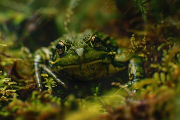 A small green frog sitting on the forest floor, surrounded by lush vegetation