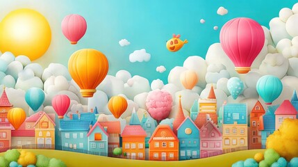 Colorful hot air balloons flying over a charming town with a sunny sky and fluffy clouds.