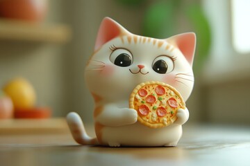 Adorable cartoon cat hugging delicious pepperoni pizza