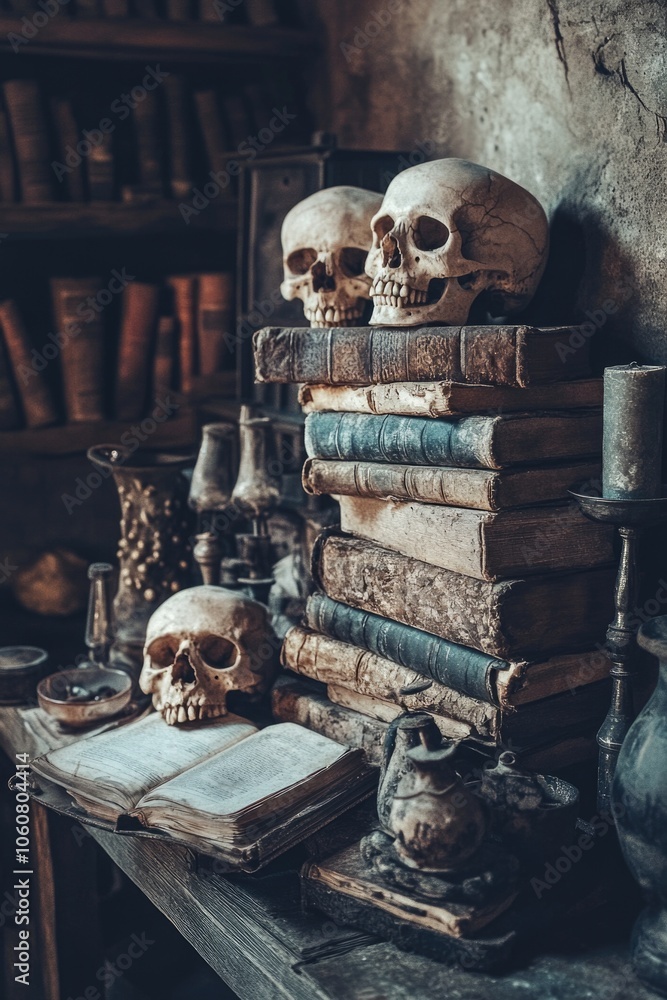 Poster pile of old books with skulls placed on top, great for use in horror or occult themes