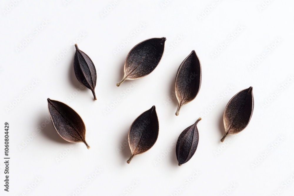 Poster a collection of dried leaves on a white background, suitable for use in nature-themed designs or as 