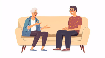 A cheerful elderly woman sitting on a sofa next to her adult son, sharing a warm and intimate conversation.