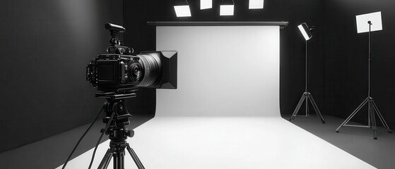 A professional photography studio featuring a camera, lights, and a blank backdrop, ideal for photo shoots and creative projects.