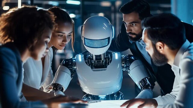 A robot collaborates with a diverse business team, analyzing data on a digital screen, symbolizing AI integration and teamwork in modern workplaces.