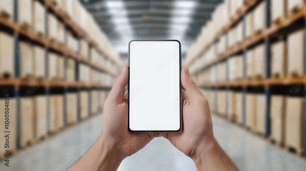 Poster warehouse manager checking stock levels on a digital device