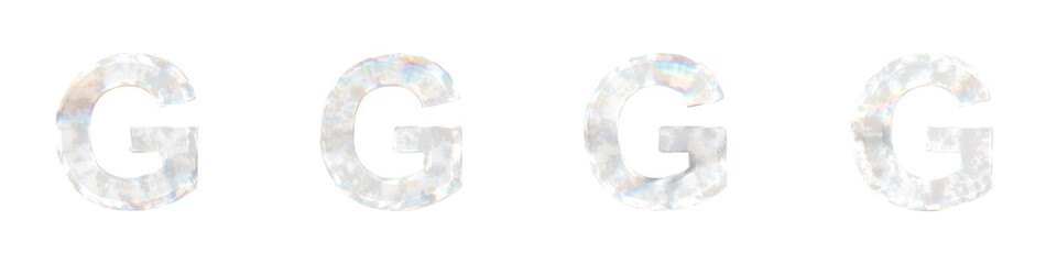 Set of 4 3d letter G with glass distortion and frosted effects isolated on a transparent background. 3d transparent elements for graphic design.