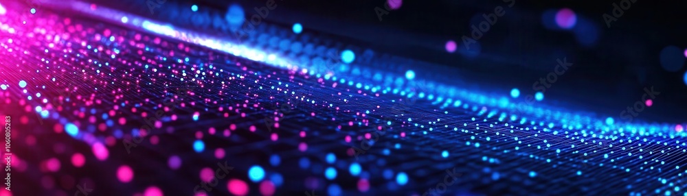 Poster neon particles scatter in a grid formation, creating a virtual reality interface strong highlights, 