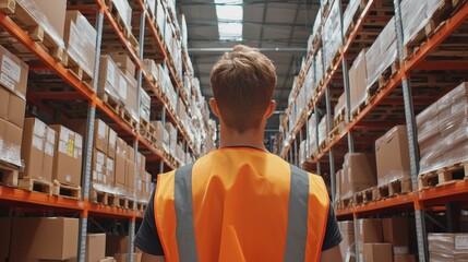 Fototapeta premium Warehouse staff in high-visibility vests organizing products on storage racks