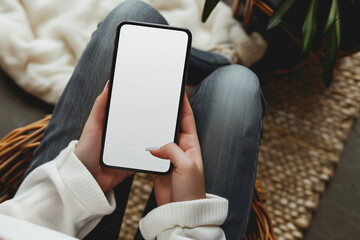 Top view of woman sitting and holding blank screen mock up mobile phone.