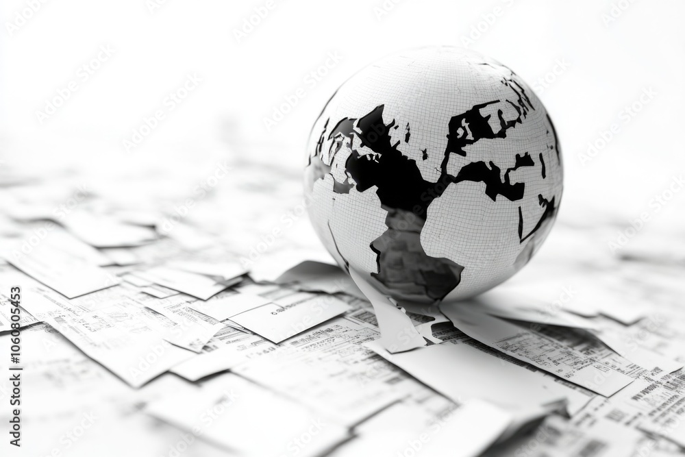 Aufkleber a globe sits on top of a stack of papers, representing research or study