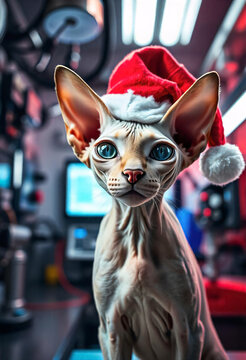 Holiday portrait of a Sphynx Cat wearing a Santa Hat with festive background lighting