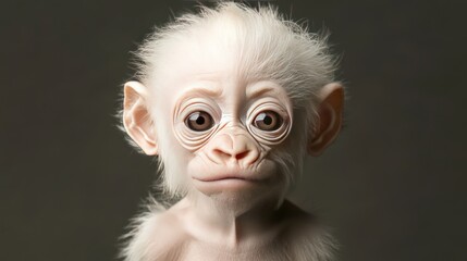 A close-up portrait of a white baby monkey with big brown eyes looking directly at the camera.