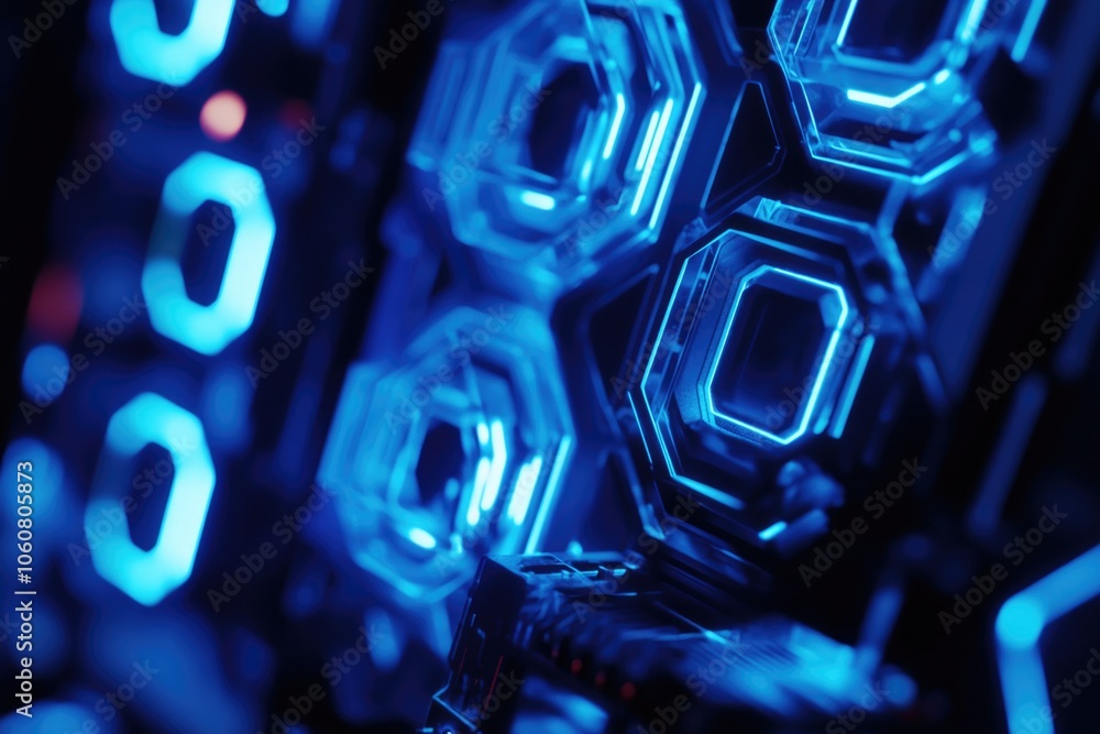 Aufkleber A close-up view of a computer case with blue LED lights, ideal for use in technology-related articles or social media posts