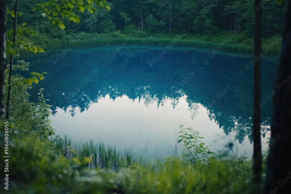 Poster a serene scene with a blue lake surrounded by trees and grass