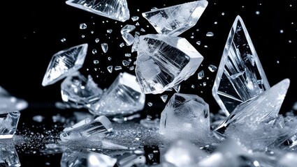 Obraz premium Ice crystals, macro photography, shattered glass, fractals, cold, reflective surfaces, frozen water, sharp edges, geometric shapes, light refraction, winter texture, crystalline structure, abstract pa