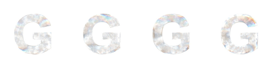 Set of 4 3d letter G with glass distortion and frosted effects isolated on a transparent background. 3d transparent elements for graphic design.