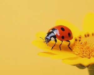 Fototapeta premium Closeup of ladybug on a yellow flower, contrasting colors and fine details