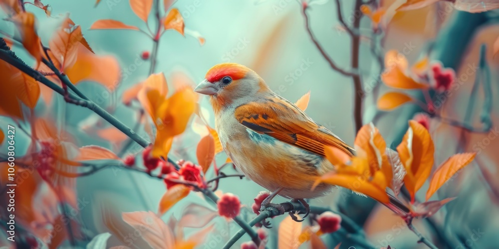 Poster a small bird sits comfortably on the branch of a tree, surrounded by foliage
