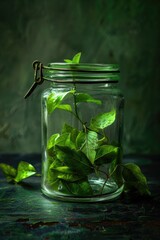 A glass jar filled with fresh green leaves sits on a table