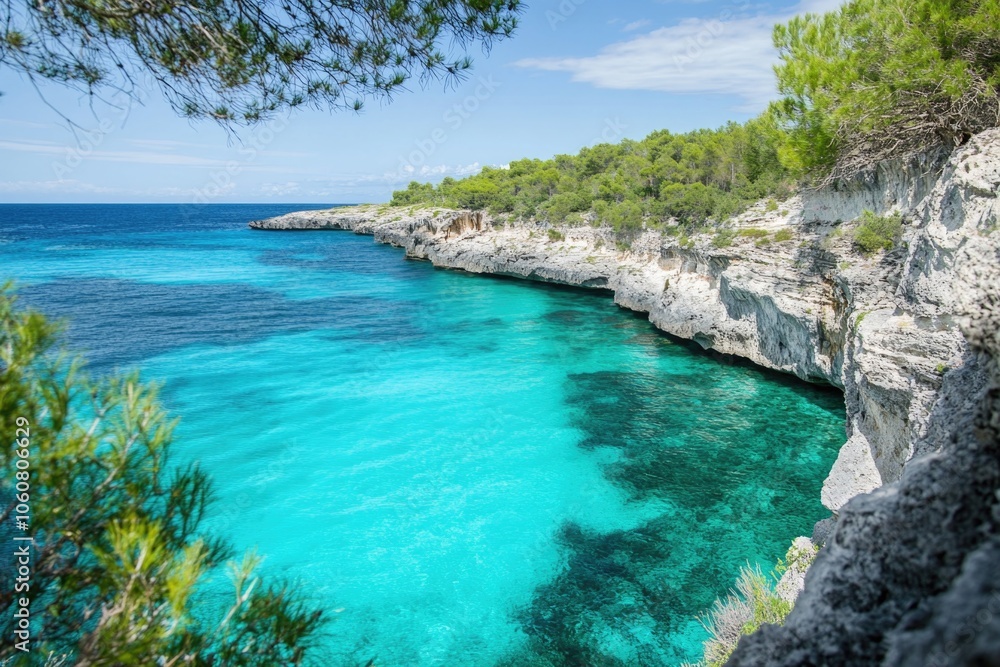 Poster a serene lake scene with trees and rocks surrounding the calm waters