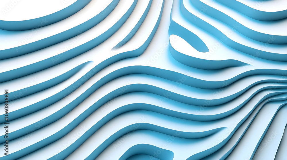 Poster abstract layered pattern with flowing blue and white wave-like curves, creating a smooth, three-dime
