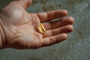 A person grasping a bright yellow pill in their hand, possibly considering taking it