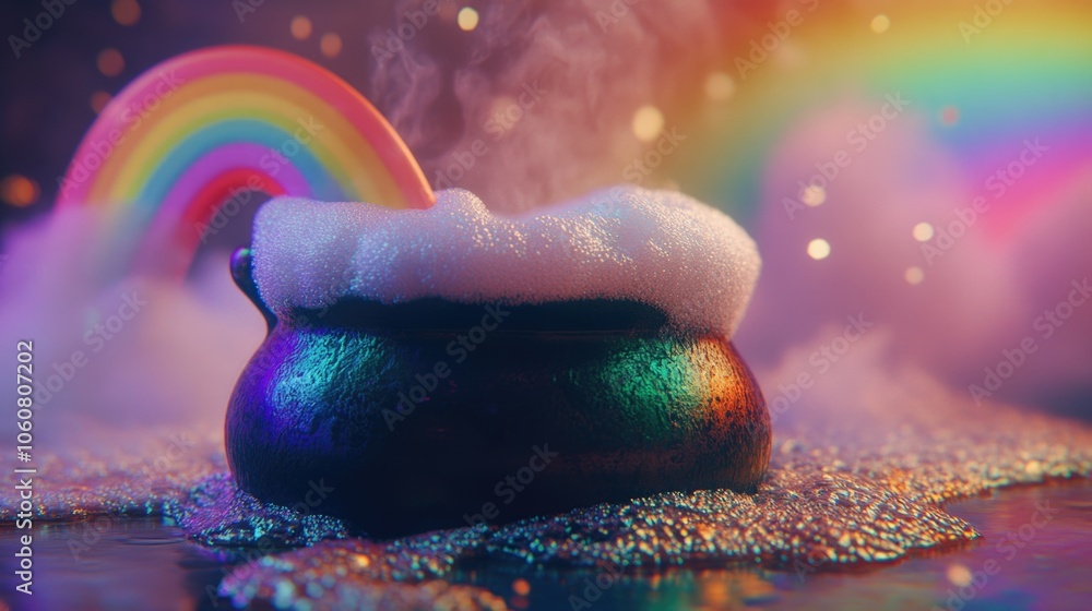 Poster A pot filled with liquid and a colorful rainbow in the background, ideal for use in design projects or as a decorative element