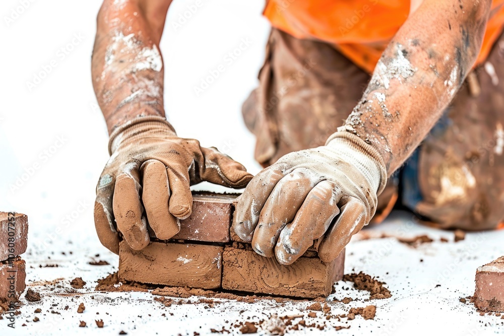 Poster A person constructing a brick using a hammer and mortar