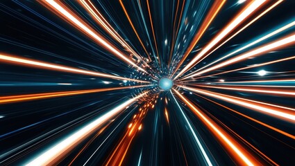 Abstract light trails, hyperspace effect, warp speed, colorful streaks, blue and orange glow, dynamic motion blur, star field, cosmic journey, futuristic, sci-fi concept, time travel, radial blur, lon