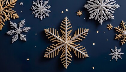 Golden and silver snowflakes of various sizes are framing a dark blue copy space with scattered golden confetti, creating a festive christmas background.