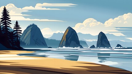 The flat illustration of the ocean, beach, and mountains in the style of Pacific Northwest style features a graphic design poster