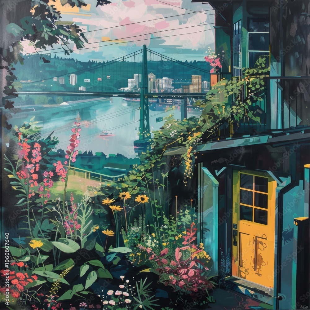 Poster a serene landscape featuring a bridge spanning across a calm river, surrounded by lush greenery and 