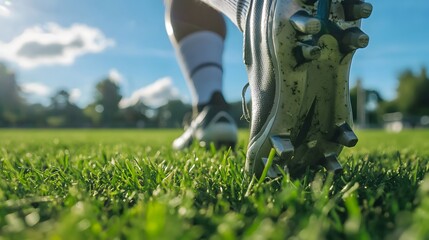 A close-up of a football player's cleats digging into the grass as he prepares to sprint