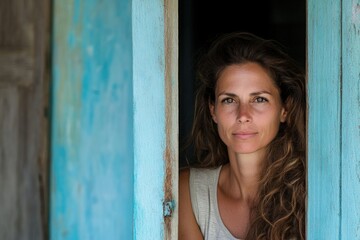 Fototapeta premium A woman stands outside a bright blue door, looking out with curiosity
