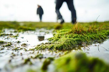 Abstract outdoor scene with person walking on green moss