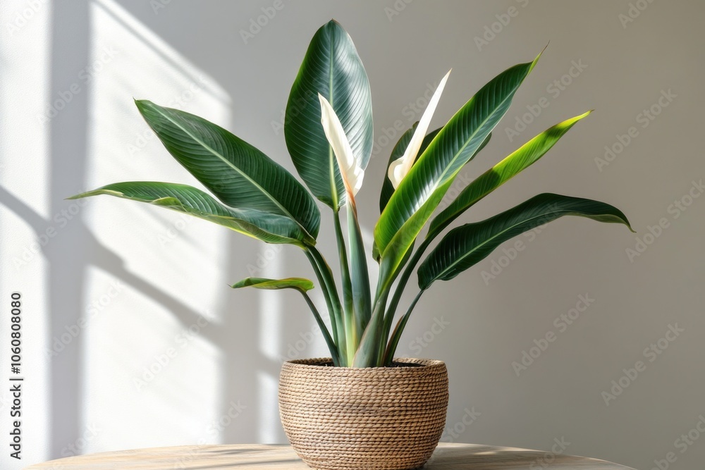 Poster a small potted plant sits on a table in front of a window, perfect for adding some greenery to an in