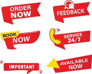 Set of sales tag, order now, feedback, available now