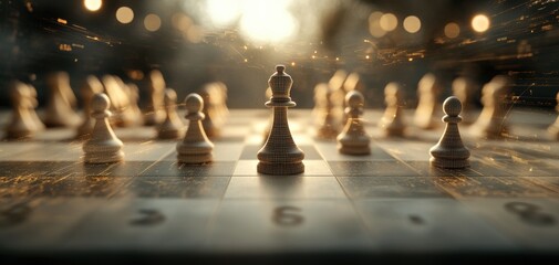 An artistic perspective of a chessboard featuring a king surrounded by pawns, beautifully illuminated by soft light in a captivating setting.
