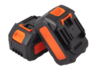 Two lithium batteries for a screwdriver, drill and impact wrench. Black battery with orange decorative inserts. Isolated object on transparent background