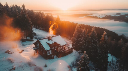cozy cabin in snowy forest with smoke rising from chimney, surrounded by tall evergreen trees and breathtaking sunset. serene landscape evokes sense of warmth and tranquility
